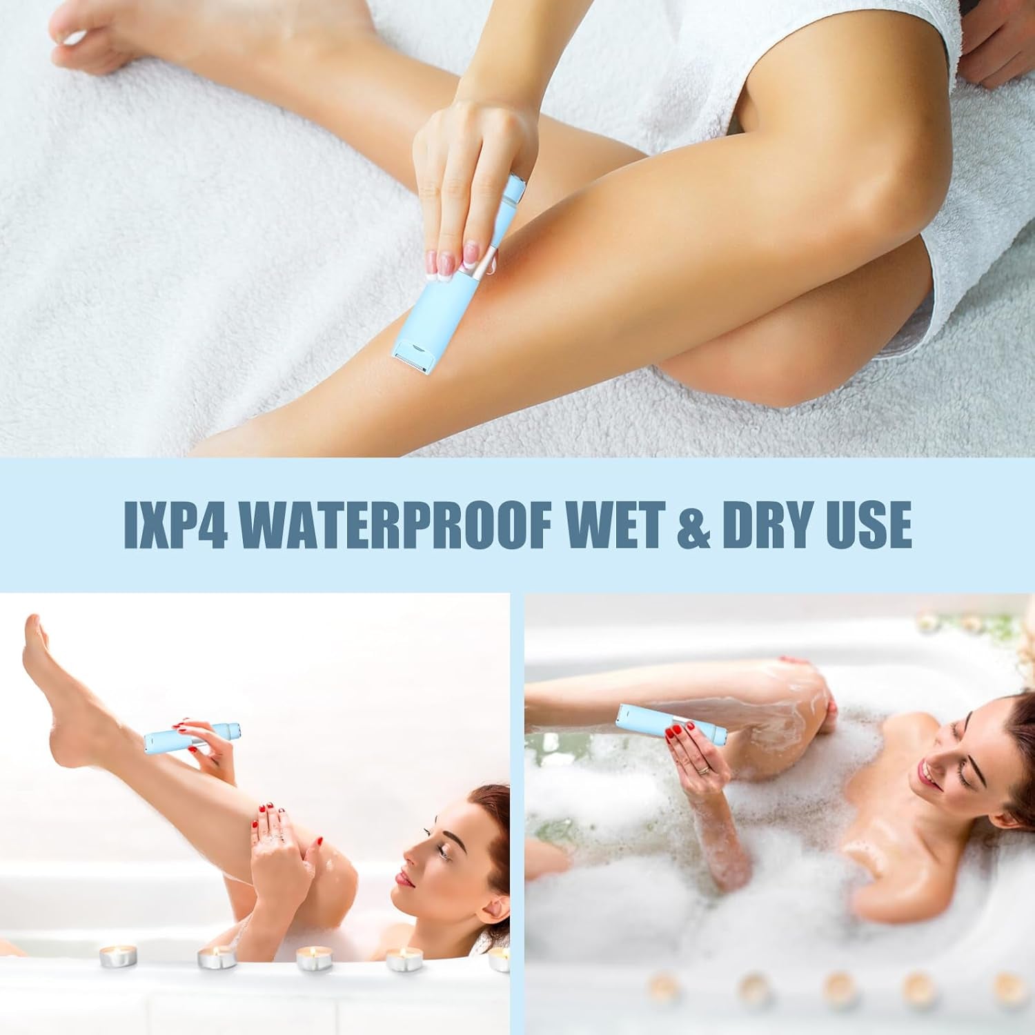 Bikini Trimmer Women Body Shaver 2 in 1 Wet Dry Pubic Hair Trimmer Rechargeable Cordless Razor for Face Lip Chin Underarm Legs (Blue)
