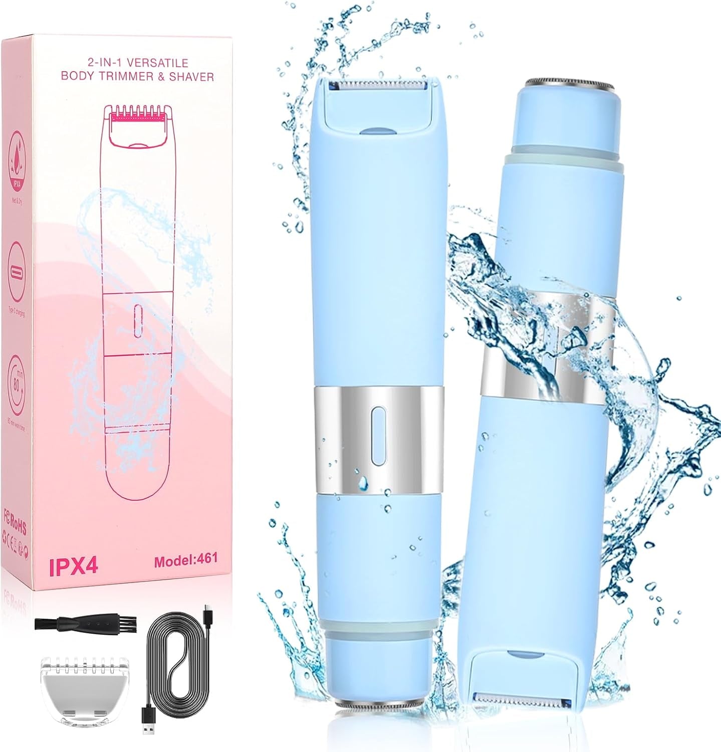 Bikini Trimmer Women Body Shaver 2 in 1 Wet Dry Pubic Hair Trimmer Rechargeable Cordless Razor for Face Lip Chin Underarm Legs (Blue)